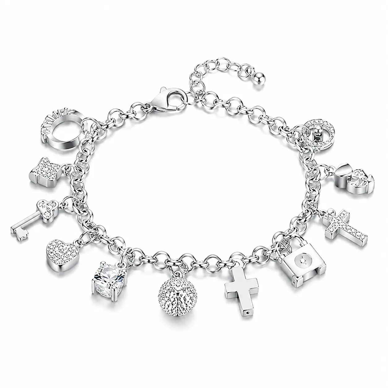 "1pc Elegant 925 Sterling Silvery Heart Key Pendant Bracelet, Women's Bracelet, 13 Small Pendants, Bohemian Style, Shiny and Exquisite Silvery, Women's Fashion Jewelry Accessories, Suitable for Wife, Girlfriend, Fashion Gift, Birthday Gift " bangle