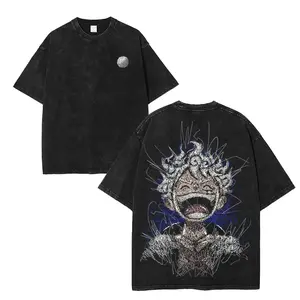 Lufi JoiBoy One Pice RetroVintage Unisex Anime Manga Acid Washed Lightweight Cotton Tshirt Gift For Anime Fan Tees Vintage Shirts T-shirt Men's Graphic Round Neck Fabric Menswear Top Oversized Black Casual Crewneck