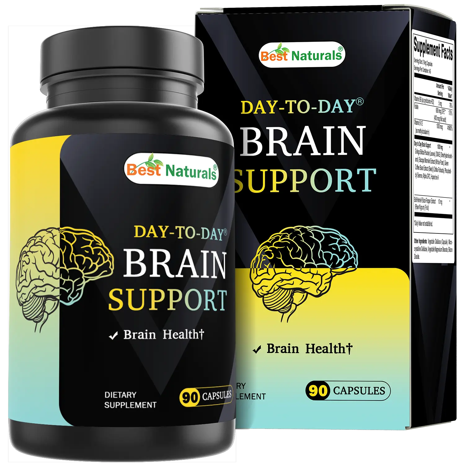 Best Naturals Day-to-Day Brain Support Supplement with Ginkgo Biloba, DMAE, Bacopa, Green Coffee, Phosphotidyl Serene, Alpha GPC, Huperzine A, Folate, B6, & B12 90 Veg Capsules