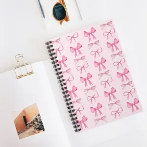 Pink Bow Aesthetic Spiral Notebook with Document Pocket - Cute Girly Notepad for Writing Notes, Journaling, or Doodling notebook college