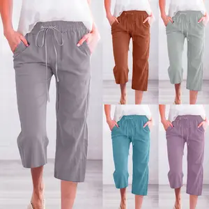 Capri Pants for Women Casual 2025 Summer Drawstring Elastic High Waist Linen Pant Straight Wide Leg Cropped Trouser