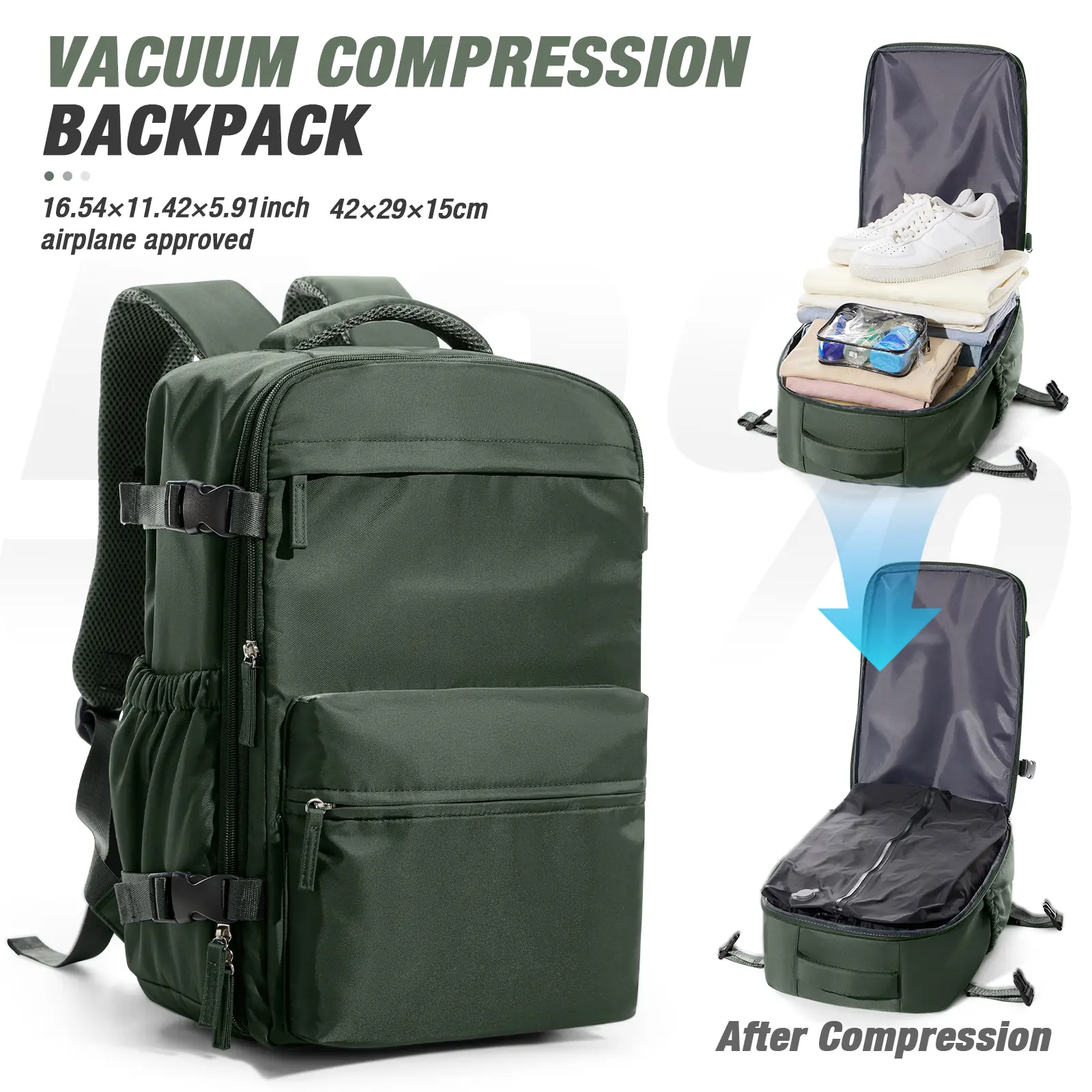 Vacuum compression sealed travel backpack, unisex design, carry-on luggage size approved for air travel, portable travel backpack with pump and vacuum system, black/green/gray-brown
