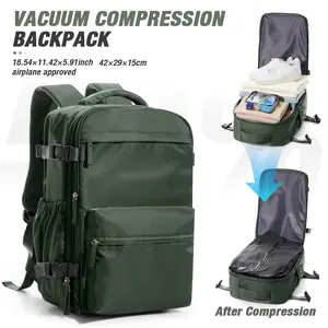 Vacuum compression sealed travel backpack, unisex design, carry-on luggage size approved for air travel, portable travel backpack with pump and vacuum system, black/green/gray-brown