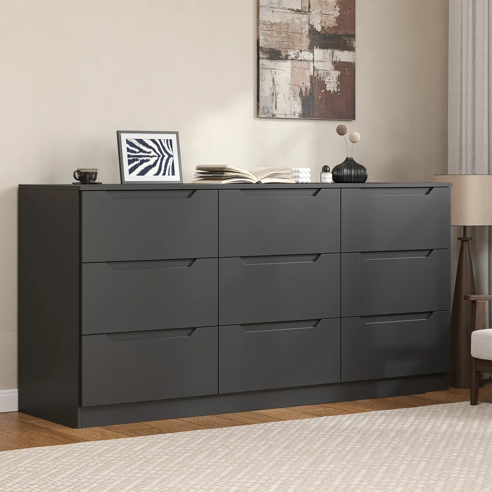 Modern 9-Drawer Wide Engineered Wood Drawer Chest Sideboard - Sturdy Base, Durable Indoor Furniture with Anti-Tip Device for Bedroom