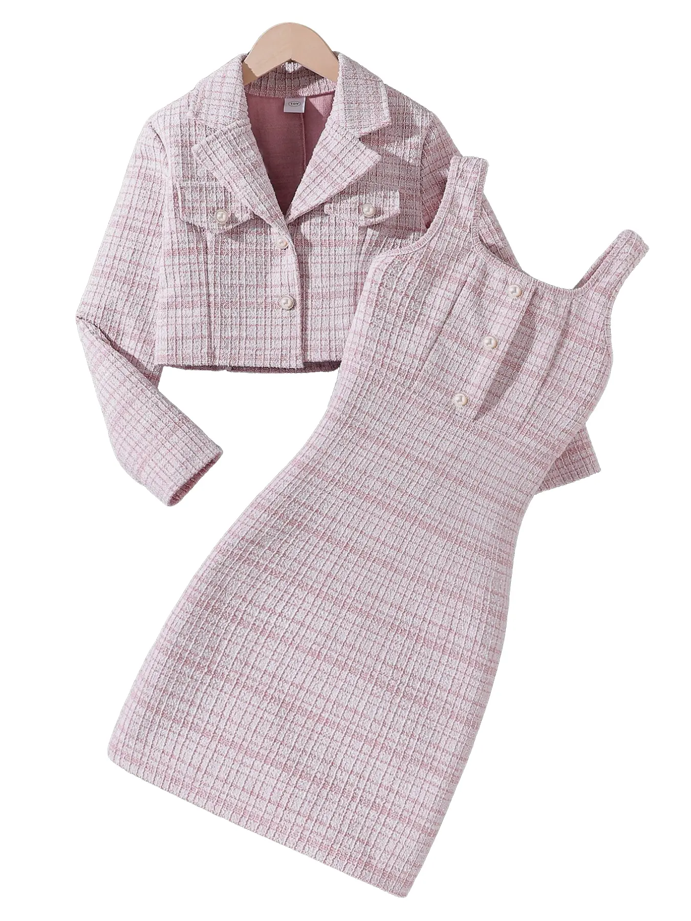 Girls' 2-Piece Set, Small Perfume Style, Button-Down Collar Short Cardigan Long Sleeve Jacket with Dress, Chic Sweet Elegant Casual Outfit, Casual Wear, Cute Clothing Set, Fashion Style Sets