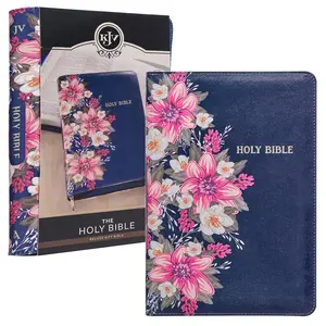 Giant Print King James Version Holy Bible - Standard Size Faux Leather, Red Letter Edition, Thumb Index, Ribbon Marker, Blue Floral, Zipper, Deluxe Gift Edition