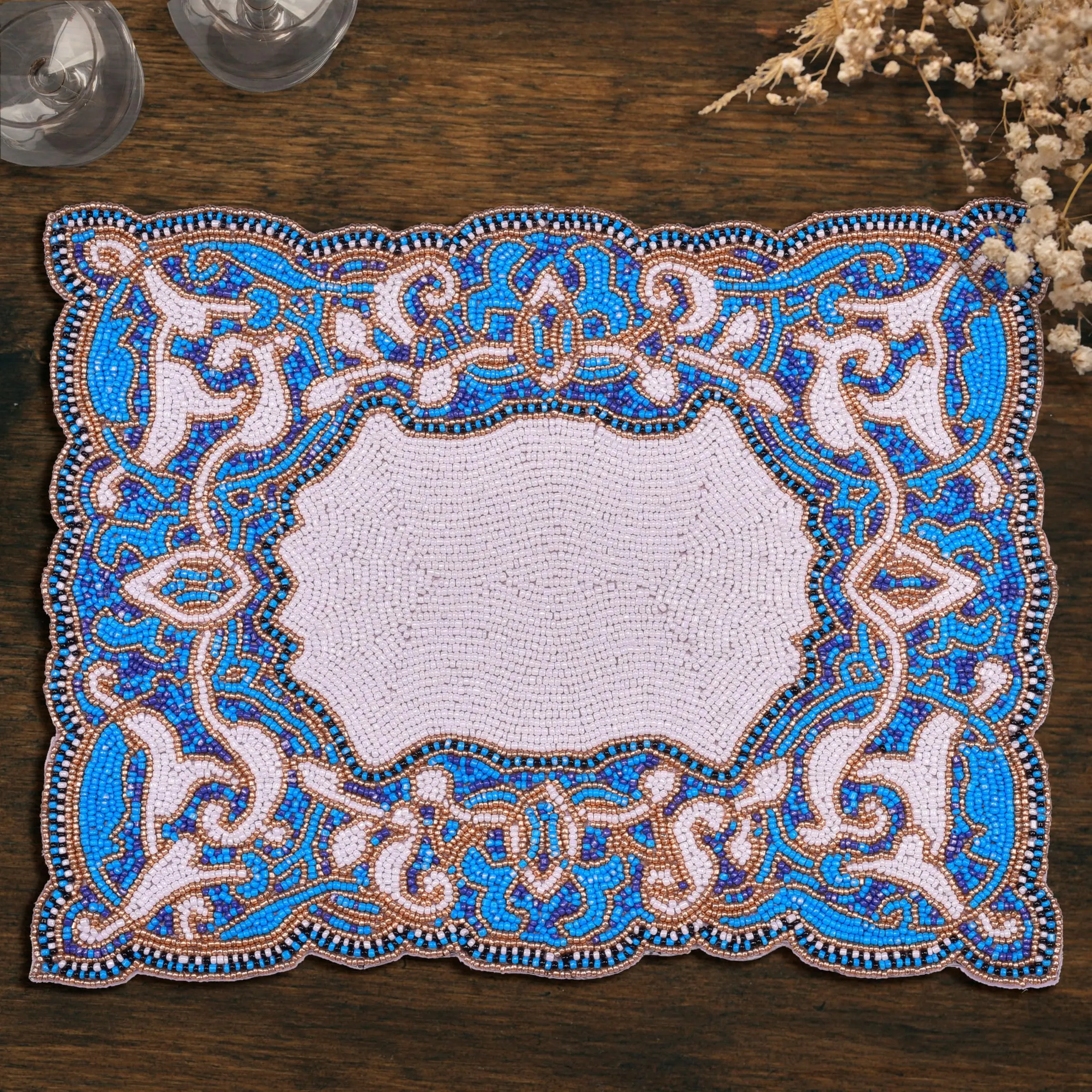 Beaded Placemats – Handmade Blue White Embroidered Dining Table Decor 12x16 Inch