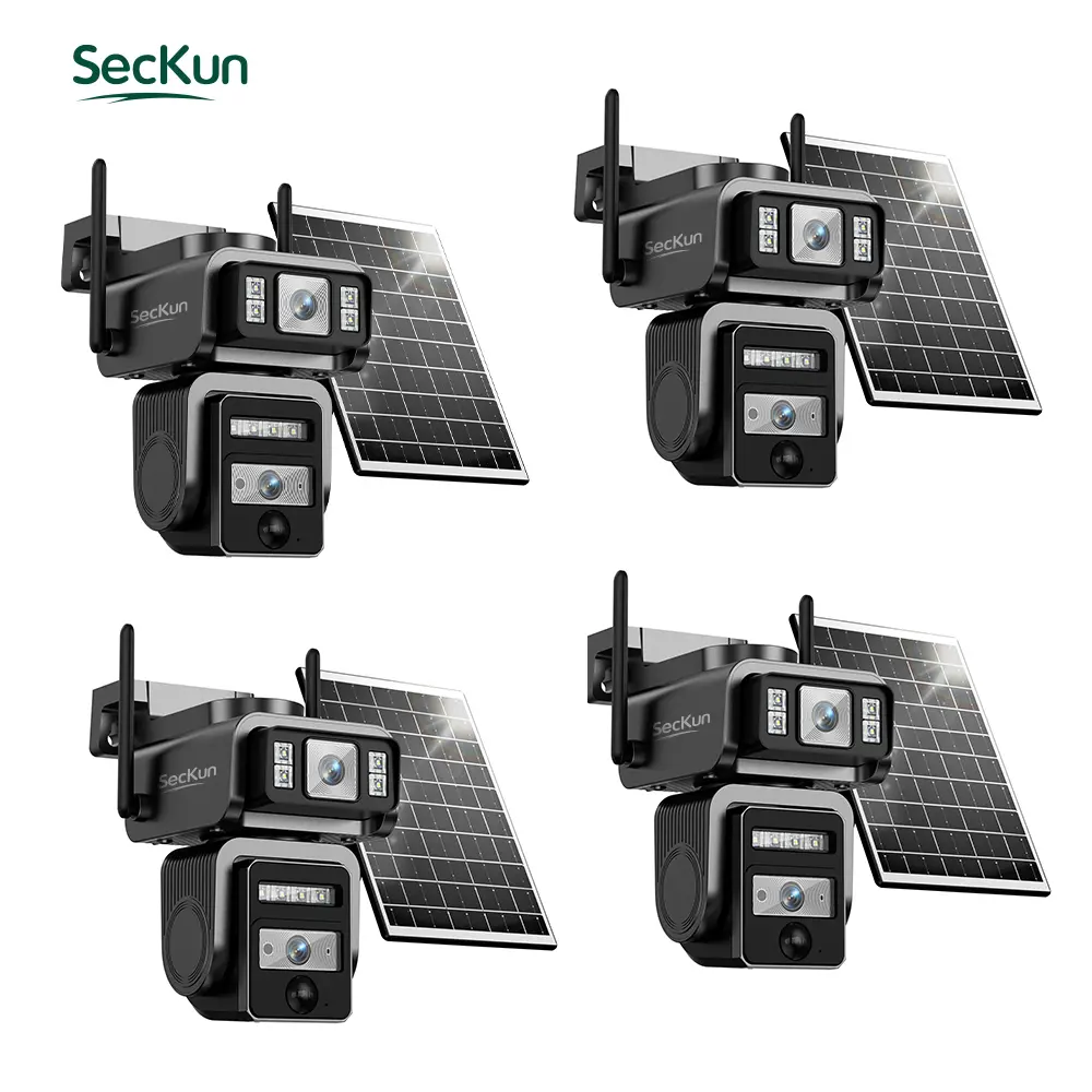 4pc 2K Solar Powered PTZ Cameras with Dual Lenses, 360° Pan-Tilt, Color Night Vision, Active Siren & Spotlight, Auto Tracking, PIR Motion Alerts, 2-Way Audio, IP66 Waterproof, SD/Cloud Storage