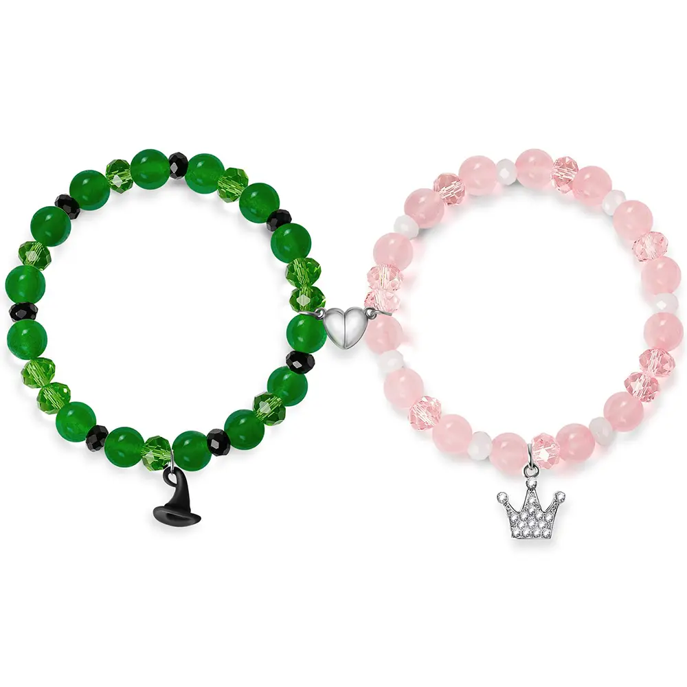Women's Beaded Friendship Bracelets Matching Sets - Elphaba & Galinda Inspired Couple Jewelry with Artificial Crystal Crown, Witch Hat Charms, Fashion Jewelry Accessories for Party, Christmas