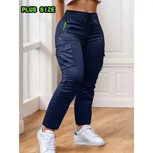 Women's Plus-Size Minimalist Fit Dry Clean Pants - Basic Comfortable Straight-Leg Casual Commuter Trousers, Breathable Fabric, Green Zippered Pocket, 2 Side Patch Pockets, Machine Wash Pants, Ideal for Everyday Outdoor & Commuting Use