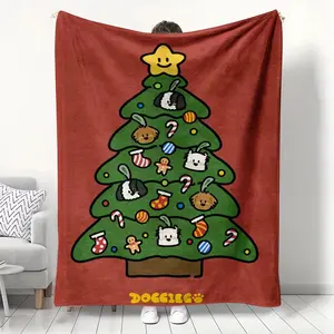 Funny Blanket Cute Dog Christmas Tree Blanket  Red Festive Fleece Blanket with Cartoon Doggies & Christmas Ornaments Soft Cozy Throw Blanket Christmas Present