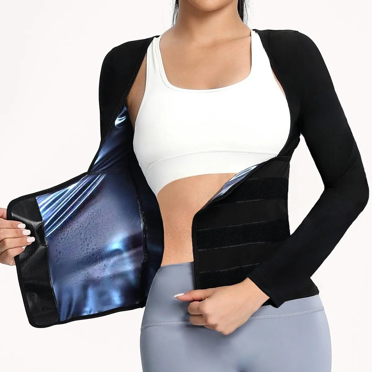 Women's Plain Velcro Waistband Sports Sauna Tee, Slim-fitting Solid Color Short Sleeve Tummy Control Sweat Body Shaper, Gym Tops,, Fitness Running Workout Gym Yoga Hiking Exercise Tops for Women