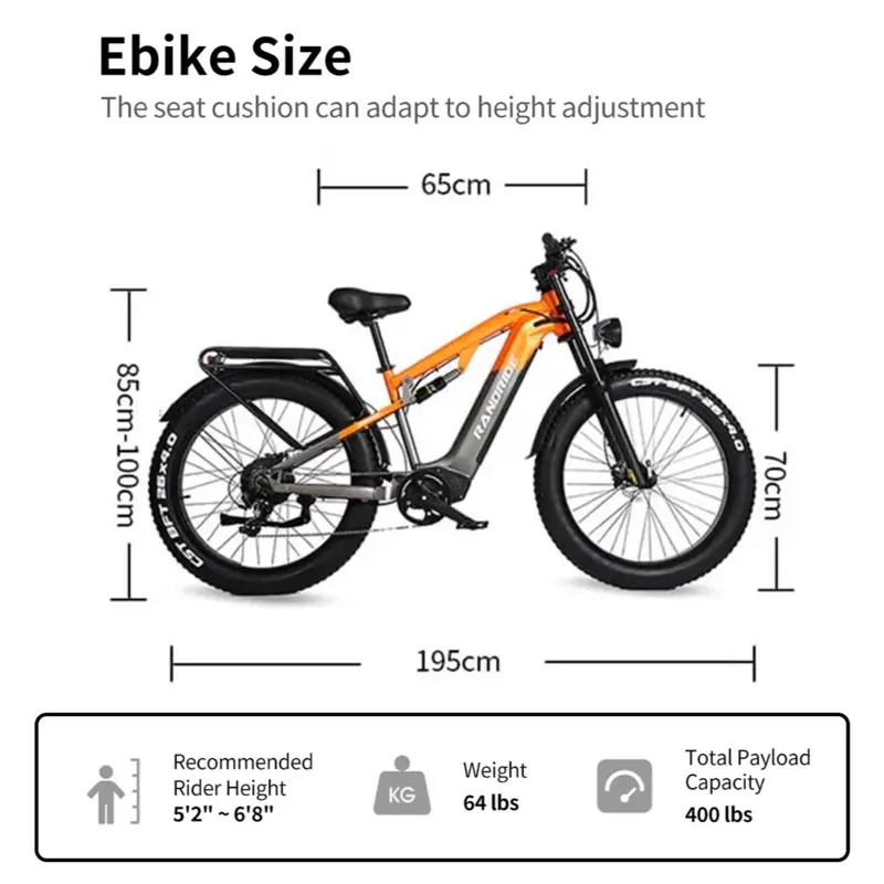 RANDRIDE 1500W 48V 23AH Adult Electric Fat Bike, 26" Fat Tire Ebike for Off-Road & Urban Commuting