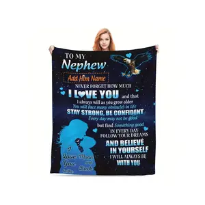 1pc Cozy Personalized Nephew Gift - Custom Name Flannel Sherpa Throw Blanket With Eagle Design, All-Season Knit Polyester, Preppy Style Digital Print, Camping Ready - 300-350gsm-30*40in