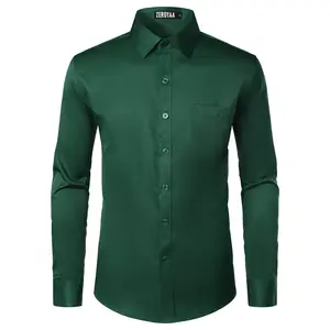 ZEROYAA Men's Beige Polyester Long Sleeve Button-Up Dress Shirt with Left Chest Pocket Urban Casual Business Slim Fit Tops