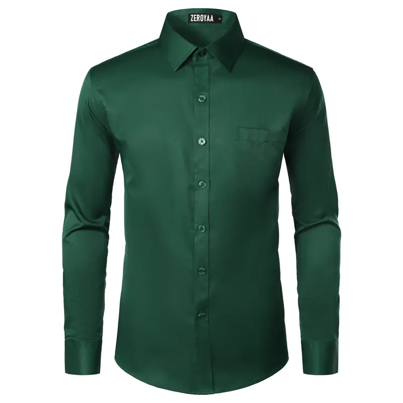 ZEROYAA Men's Beige Polyester Long Sleeve Button-Up Dress Shirt with Left Chest Pocket Urban Casual Business Slim Fit Tops Menswear,back to school,back to school shopping