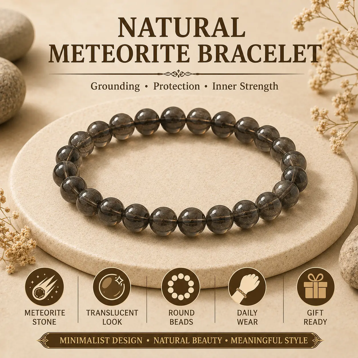 Unisex Meteorite Stone Round Beads Bracelet - Smoky Gray Crystal Collectible for Cosmic Energy, Grounding, Protection - Adult Daily Wear, Meaningful Gift, Adults