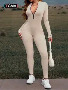 Sexy Tight-Fitting Bodysuit Set, Womenswear Long Sleeve Deep V Neck Zipper Romper, Elastic Slim Fit, Streetwear Nightclub Fashion