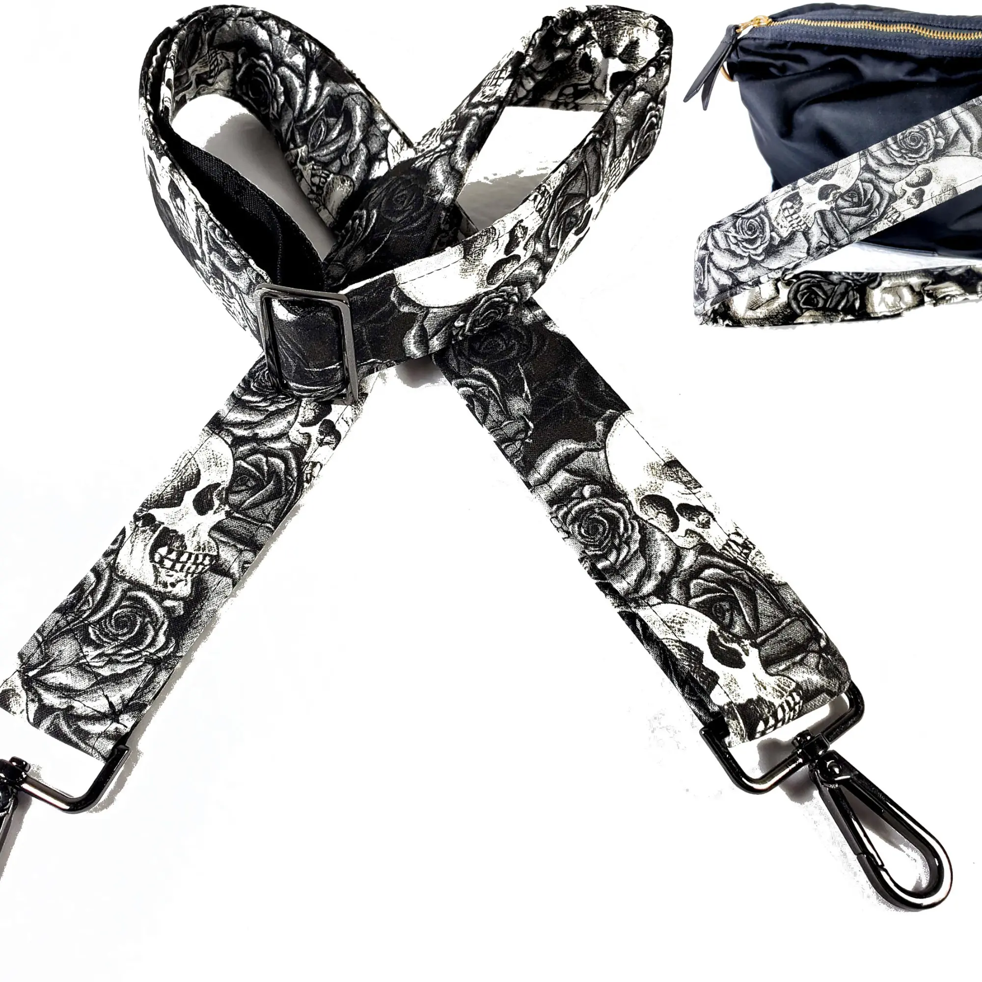Cross Body Skull Rose Black and White Guitar Style Bag Strap - Skull and Rose