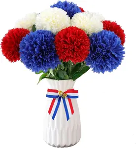 Pack of 12 Artificial Chrysanthemums Flowers Patriotic Flower, 4th of July Fake Mums Flowers Silk for Home Decor Indoor Memorial Day Table Centerpiece Vase not Included (Red, White, Blue)