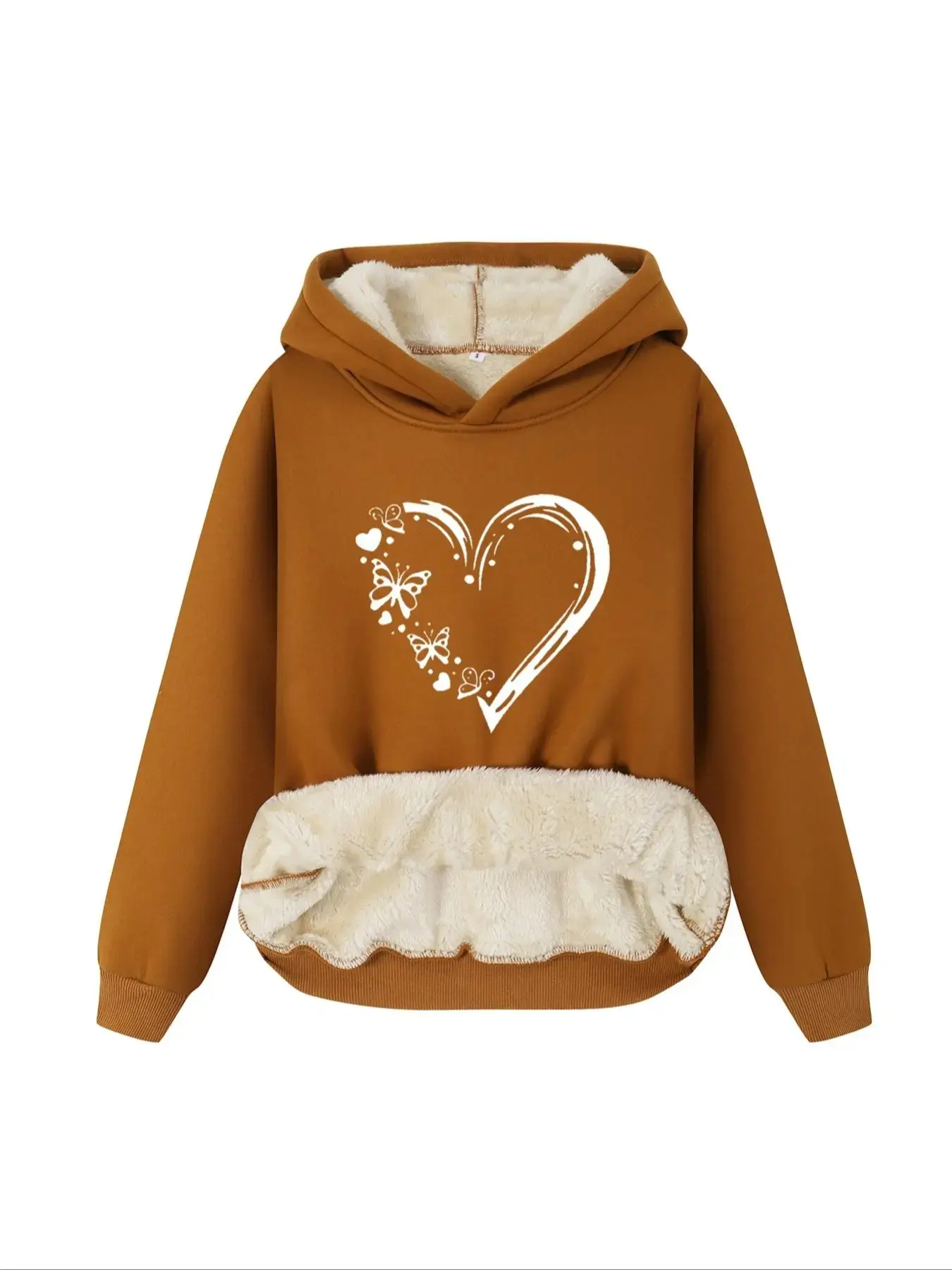 Women's Heart & Butterfly Print Plush Lined Hoodie Top, Casual Warm Long Sleeve Hooded Sweatshirt, Ladies Fall & Winter Clothes for Daily Wear, Womenswear