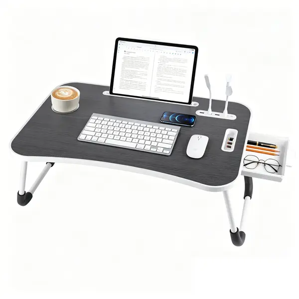 Foldable Laptop Lap Desk - USB Charging Ports, Storage Drawer, Cup Holder, Supports 17" Laptops, Portable Adjustable Standing Tray for Work, Camping - Fits Bed, Couch, Floor (Home Organizer Storage Rack)