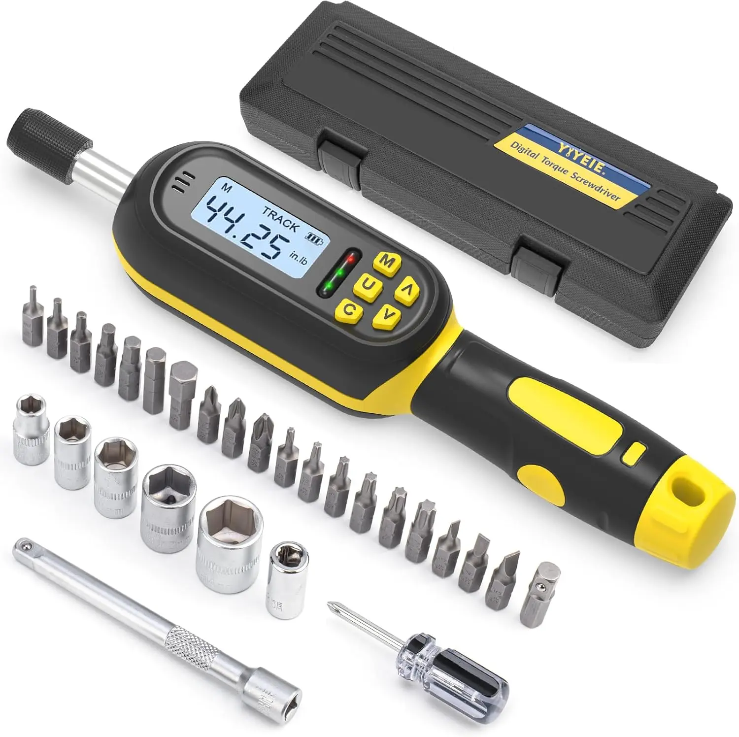 YIYEIE 32PCS Digital Torque Screwdriver, 2.66-53.1 in-lbs/0.3-6 Nm, Inch Pound Torque Screwdriver Electrician with Buzzer & LED Indicator, Adjustable Screwdriver Torque Wrench Set with Bits & Sockets wrenches torque wrench