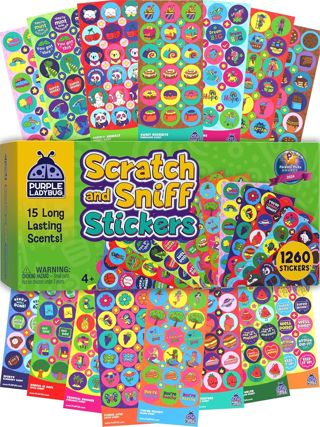 Purple Ladybug Scratch & Sniff Sticker Pack, 1,260 Scented Reward Stickers with 15 Fun Scents, Classroom Rewards for Kids, Teachers & Creative Learning Fun