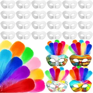 24 Pack Paper Mache Masks with 500 Feathers Half Face White Masquerade Mask for DIY Blank Mardi Gras Cosplay Craft