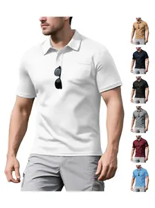 Summer solid-color polo shirt/T-shirt with a turn-down collar, loose fit, quick-dry fabric, outdoor tactical pockets, short sleeves, bird’s eye pattern