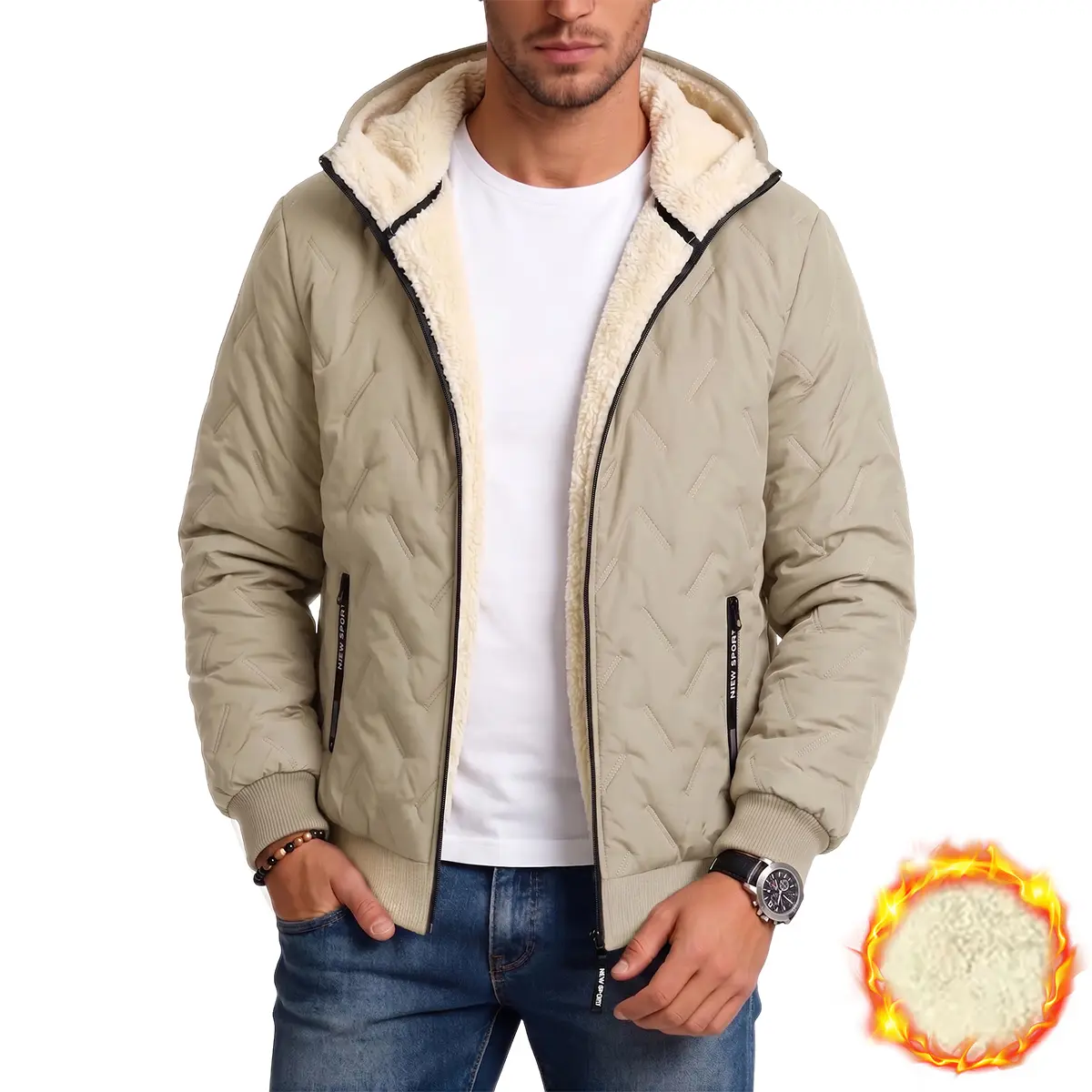 JOGWAVE Men’s Minimalist Casual Loose Fleece Jacket - Pull-On, Solid Color, Polyester Woven Material, Fleece Lining, Hooded, Windproof, Warm, Long Sleeves, Suitable for Outdoor Commuting