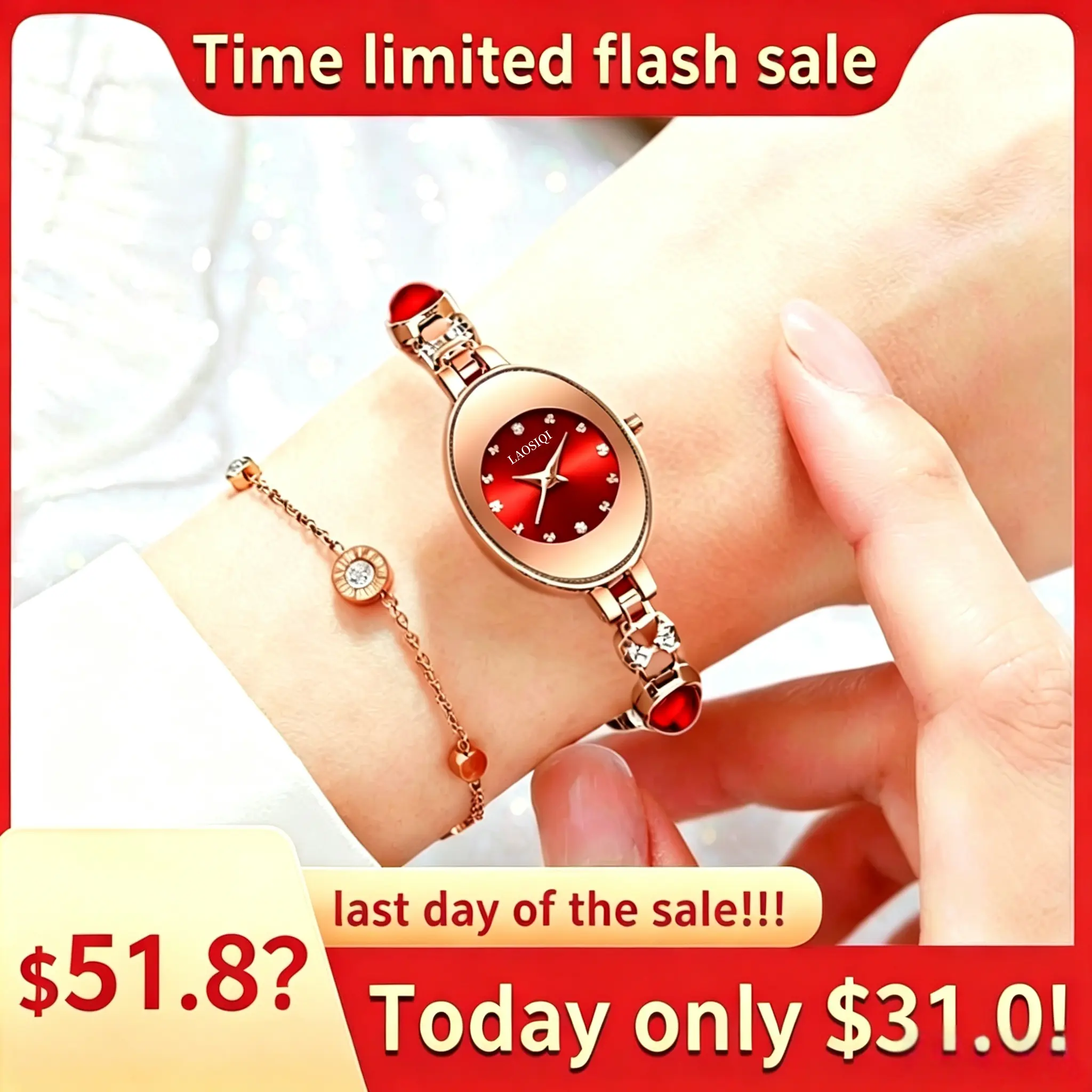 【Buy One Get Two Free】This waterproof colorfast and elegant Zhubao women's watch comes with a moissanite ring and a rose gift box; wearing a red watch symbolizes good luck and wealth, making it a perfect birthday/anniversary gift for your girlfriend/wife