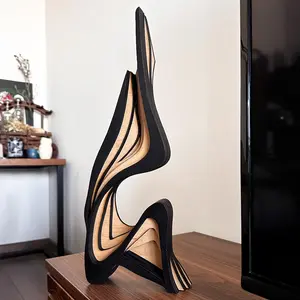 [Wooden Art Statue] 1pc Abstract Wooden Streamline Art Statue - Minimalist Geometric Design, Black & Wood Finish, Perfect for Desk & Room Decor, Unique Home Gift, Bookshelf Decoration, Modern Home Decor, Durable Wood Construction