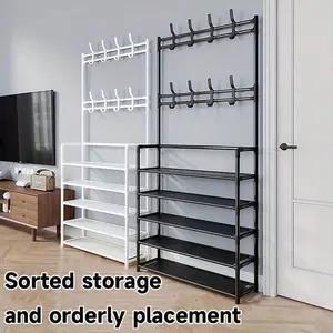 Freestanding coat rack, 3-in-1 multifunctional shoe rack, coat rack and storage rack with 8 hooks, suitable for entrance halls, corridors, living rooms, bedrooms organizer Hands-Free Flat Floor Mop Bucket Set Suction Cup Sponge Holder for Kitchen Sink