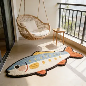 Modern Ocean Theme Cartoon Fish Rug, Long Striped Carpet for Living Room Bedroom, Easy Clean Plush Mat, Home Decor, Contemporary Rugs