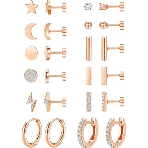 YADOCA 12Pairs Flat Back Earrings for Women Men Hypoallergenic 14K Plated Gold Stainless Steel Flatback Stud Small Huggie Hoop Earrings 20G Tiny Gold Stud Earring Sets for Multiple PIercing