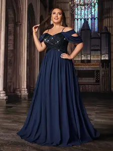 Plus Size Navy Blue Off Shoulder Formal Dress Sequin Chiffon Evening Gown for Banquet Womenswear