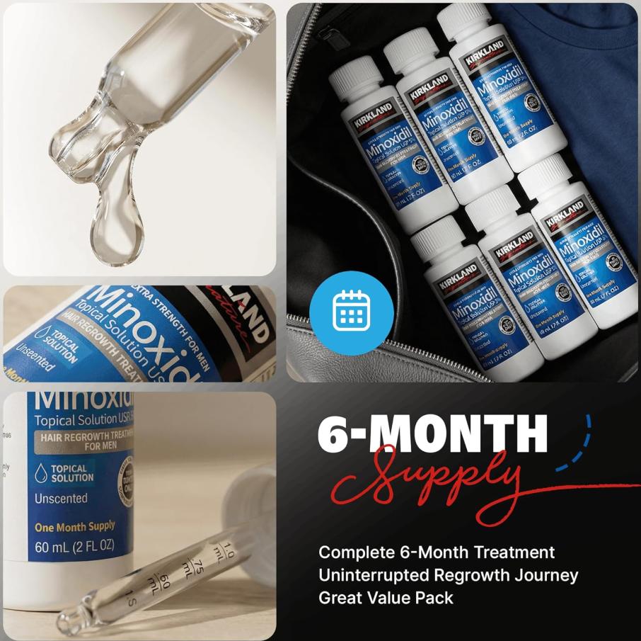 KIRKLAND 5% Minoxidil Hair Growth Solution (Unisex), includes a free microneedle roller, 3-month supply | Improves thinning hair from the roots, increases hair density, and promotes healthy growth. Dermatologist tested.