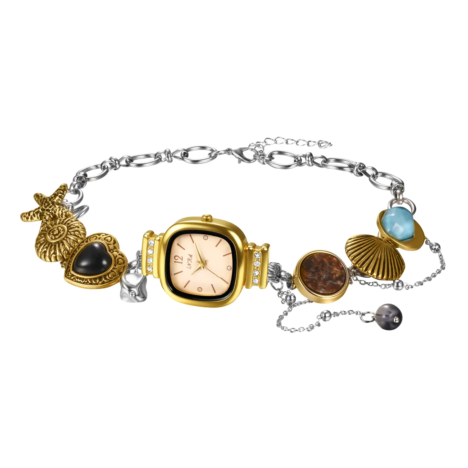 OIDEA Women's Ocean-Themed Analog Quartz Watch - Square Dial, Marine Motifs, Seashell & Starfish Imitation Gem Charms, 2-Tone Gold-Silver Adjustable Stainless Steel Chain Necklace Watch, Summer Style