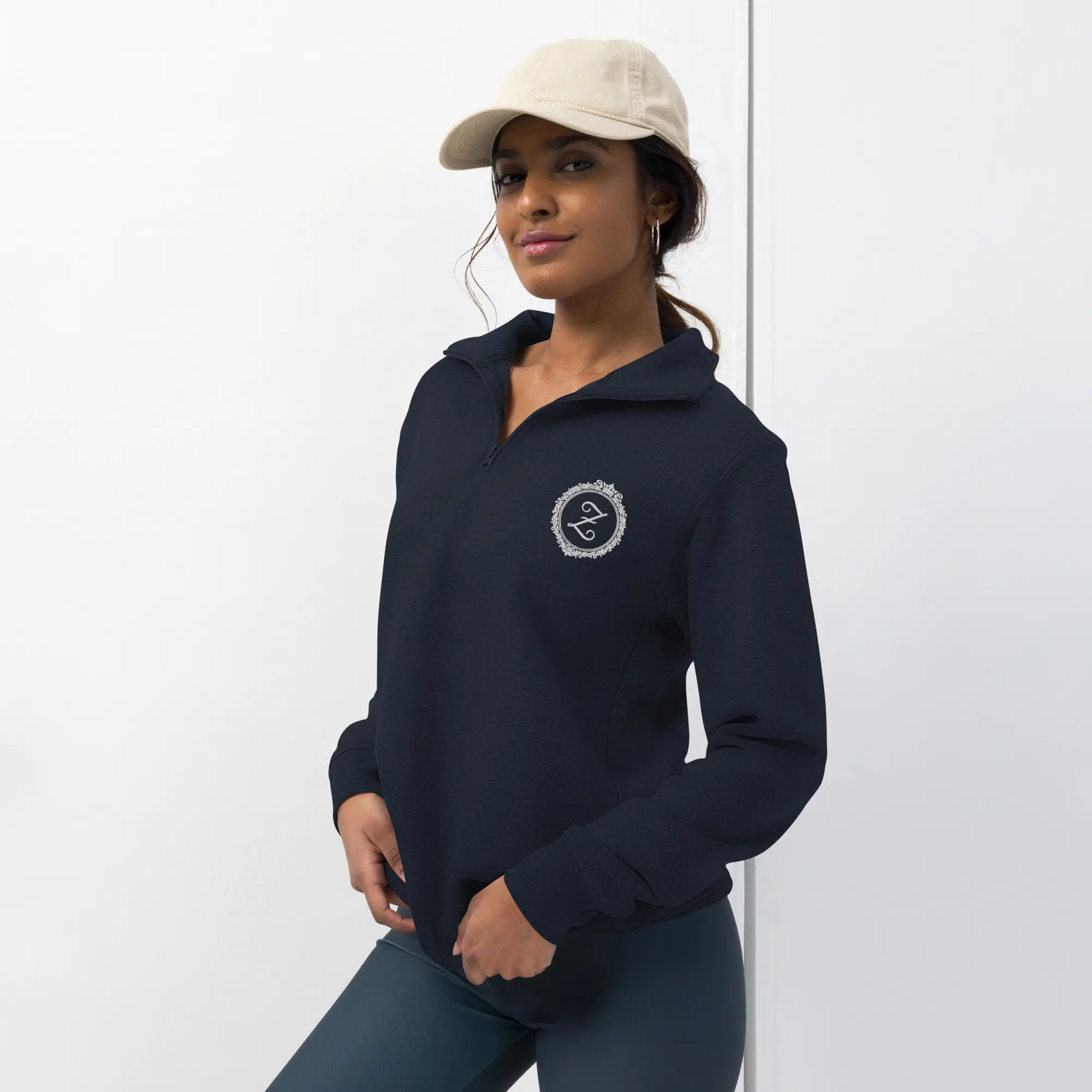 Embroidered monogram "Z" quarter zip fleece pullover