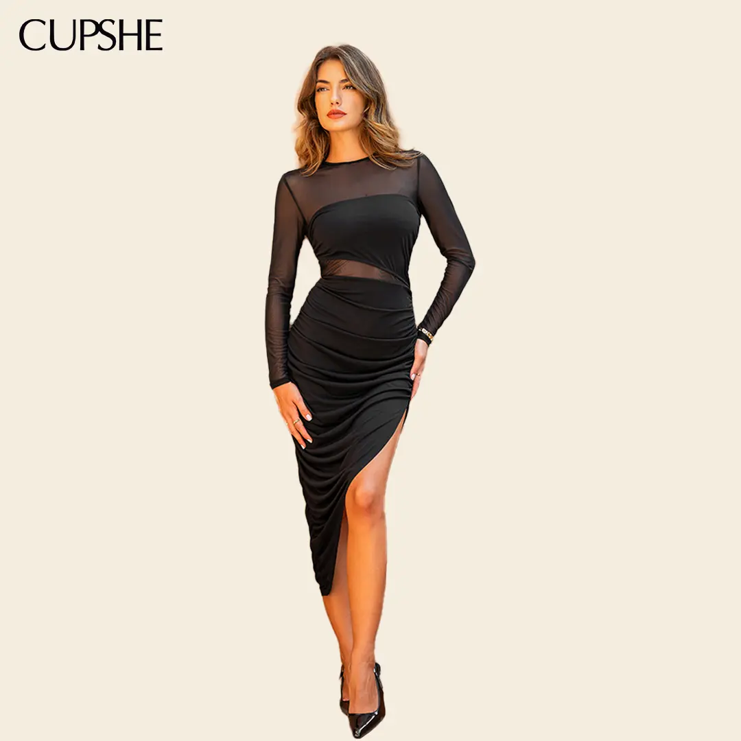 Cupshe Women's Long Sleeve Asymmetrical Maxi Dress, Chic Formal Round Neck Woven Gown with Contrast Mesh, Contrast Mesh Dress, Longsleeves, Formal And Chic, Asymmetrical Design Dress