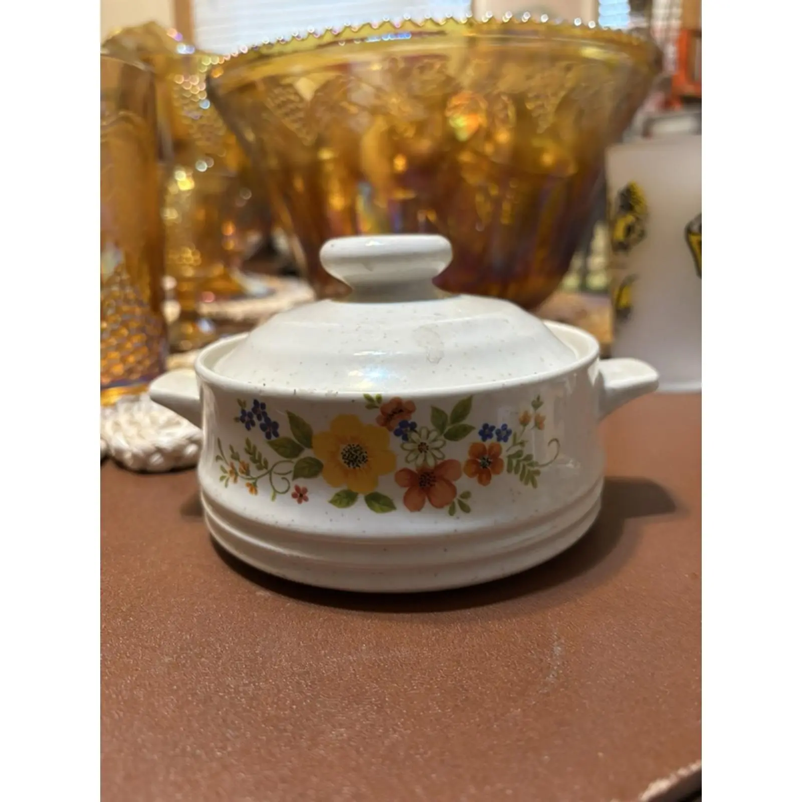 Vintage 1980s Bake Serve'n Store Stoneware Individual Casserole Dish Sweet Flowers Pattern with Matching Lid and Knob Handle Made in Japan