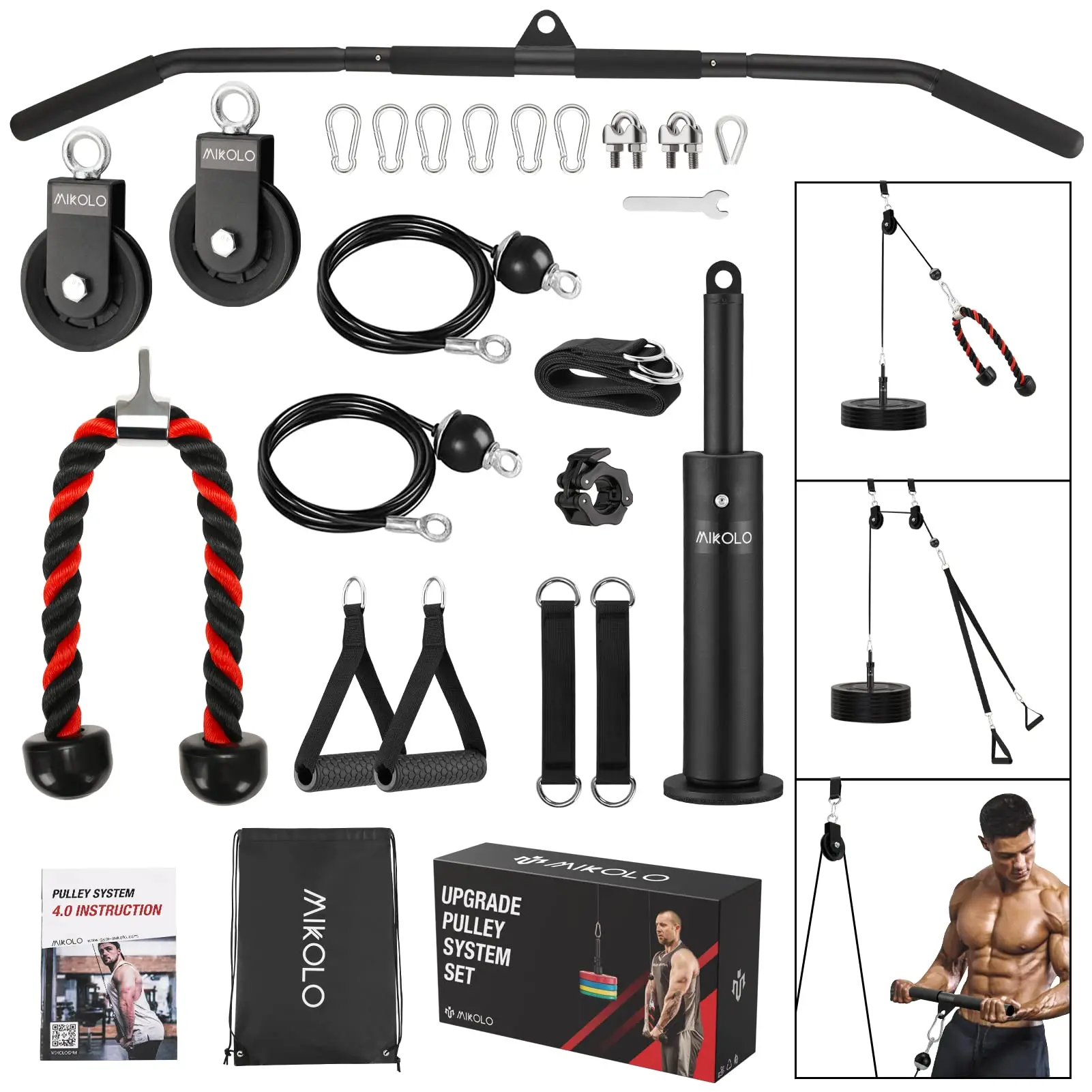 Upgraded Weight Cable Pulley System Gym LAT and Lift Pulley System with Adjustable Length Cable for Full Body Training Home Gym Pulley System Set 2023 Version Fitness Equipment Exercise Equipment Black Hand Grips