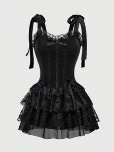 Women’s Gothic Velvet Corset Midi Dress – Vintage Lace Trim Cross Pendant Spaghetti Strap Dress