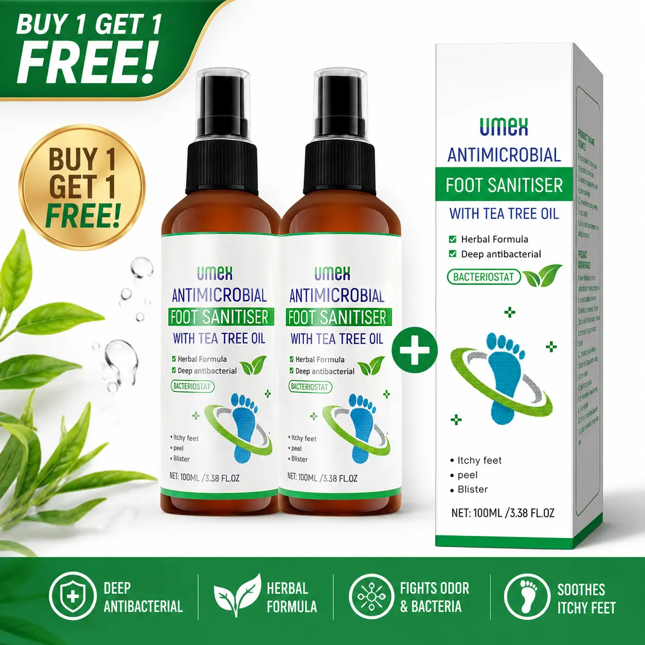 Umex Buy 1 Get 1 FREE Tea Tree Foot Spray | Eliminates Foot Odor & Soothes Dry Heels | Repairs Cracked Skin Fast | Fast-Absorbing Foot Care Spray 100ml | Summervibes