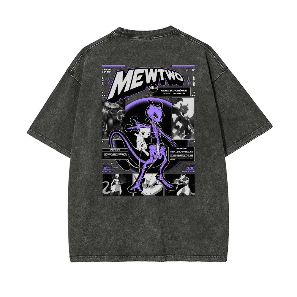 "MEWTWO" Purple Psychic Creature Genetic Design Unisex Plus Size Summer Graphic Tees Personalized Pattern Y2k Clothing Round Neck Short-Sleeved Washed T-Shirt,Women's Clothing 100% Cotton, Menswear, Top, Vintage Style, Casual Oversized
