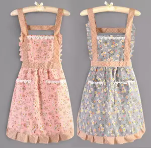 Cute Ruffled Canvas Apron – Fixed Neck Strap, Adjustable Waist Ties, Large Pockets, Women’s Kitchen & Craft Wear