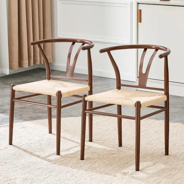 Bellemave Wesborn Set of 2 Medieval Style Y-Shaped Dining Table Chairs - Indoor Linen+Metal Ironwork Frame, Rope Weaving Seat, Clean Look, Easy Setup