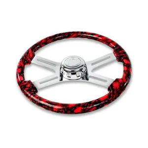 18'' SKULL DESIGN RED WOOD STEERING WHEEL WITH 4 CHROME SPOKES