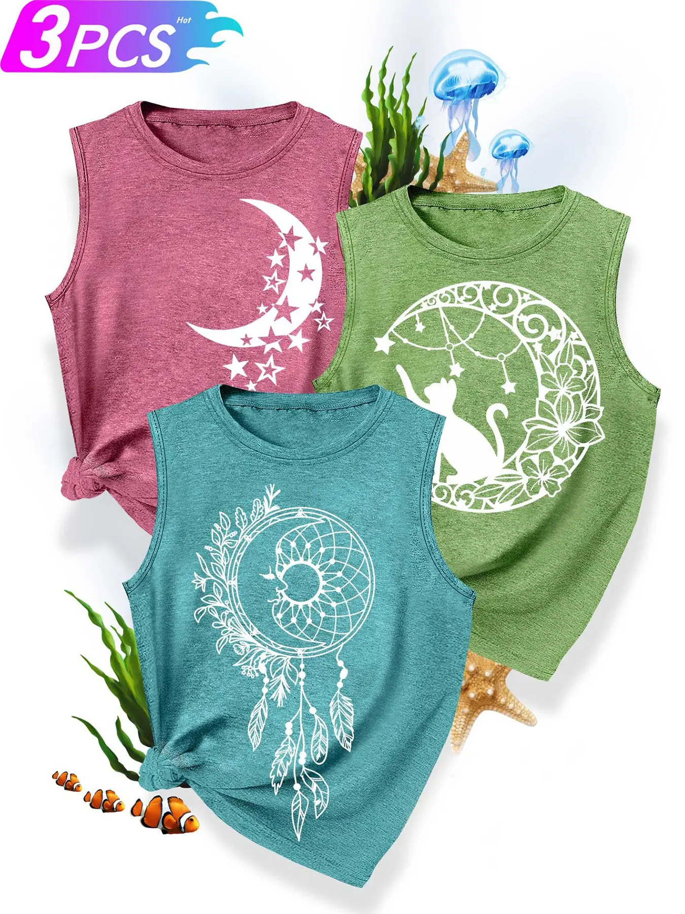 Three-Pack Women's Round Neck Tank Tops, Cat Dreamcatcher Moon Print, Soft Skin-Friendly Fabric, Casual Summer Clothing